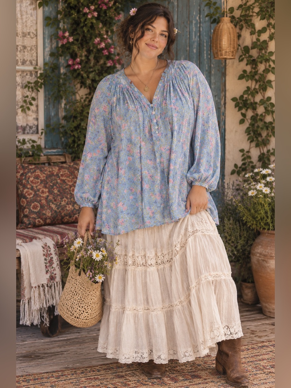 Spell Blue & Pink Floral Blouse XXL Boho Romantic Button Front Long Sleeve